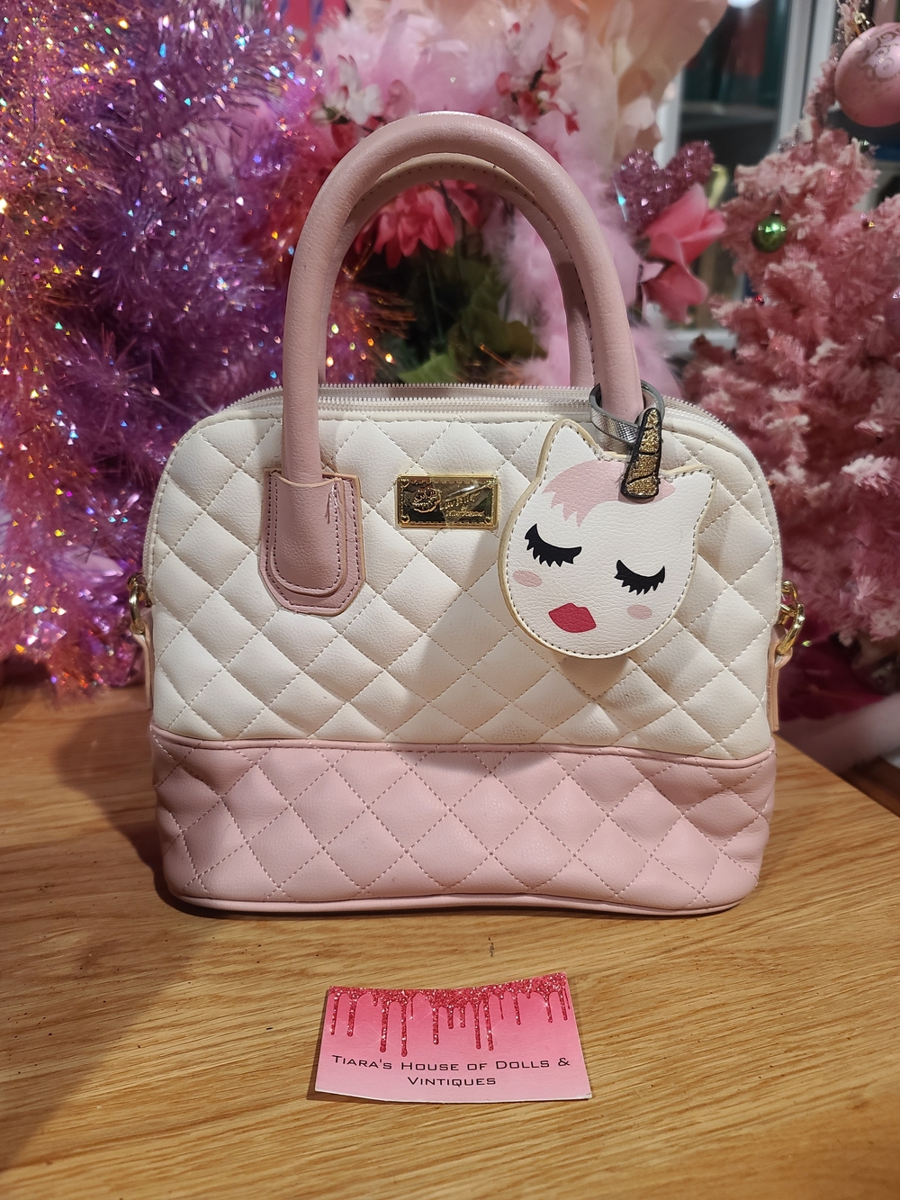 Betsey Johnson Cream and Pink Quilted Unicorn Crossbody Satchel